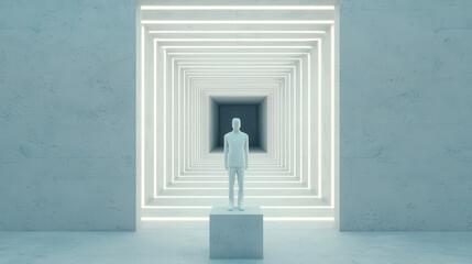 Human figure standing on pedestal in illuminated tunnel with geometric light frames creating futuristic atmosphere