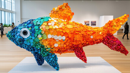 Colorful fish sculpture made from recycled plastic bottle caps displayed in modern art gallery with wooden floor and large windows