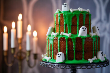 Side View of a Tall Orange Velvet Cake Layered with Green Slime Drizzle, Decorated with Ghost Marshmallows and Candy Bones.