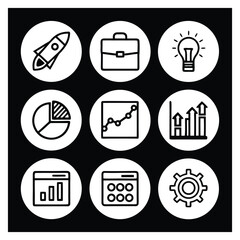 Collection of nine circular icons representing business growth and success concepts on a black background