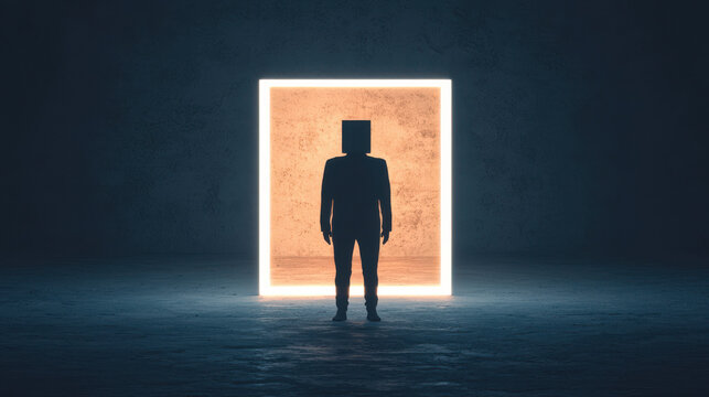 Mysterious silhouette of person with box on their head standing in front of glowing rectangular doorway in dark room