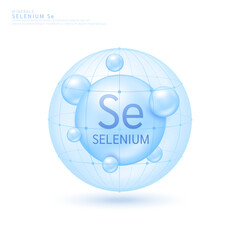 Selenium minerals ball blue in dome on white background. Vitamins complex. Used for design cosmetic or dietary supplement products. 3D vector.