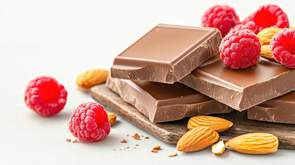 Milk chocolate bar with fresh red raspberry and almond nuts on wooden board, delicious sweet snack with vibrant colors