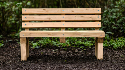 Wooden bench in garden with green plants and soil ground, simple outdoor furniture for relaxing and enjoying nature