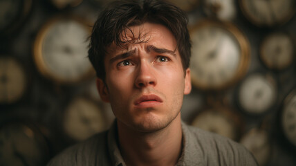 Fototapeta premium This young man expresses his inner turmoil and fear while surrounded by a chaotic backdrop of clocks.