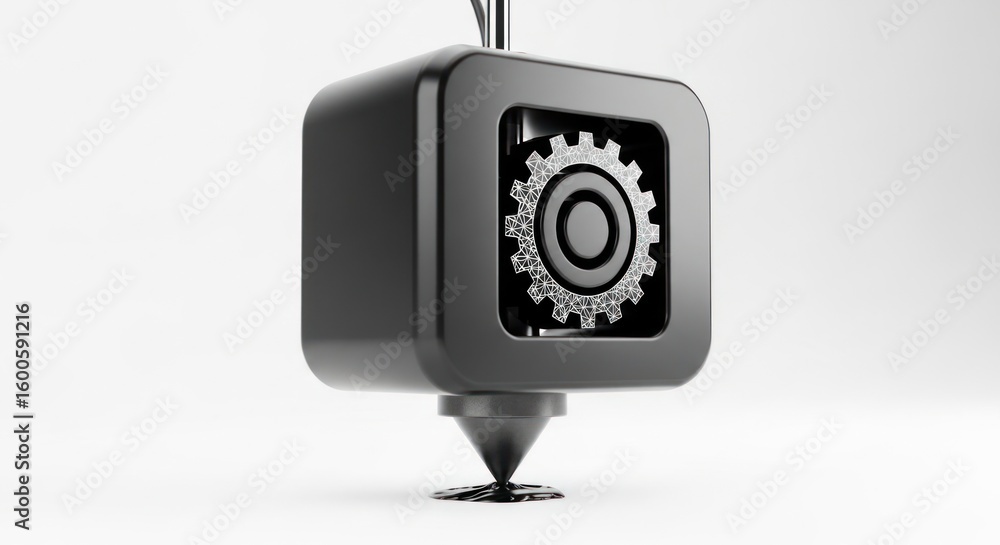 Fototapete a close up of a black cube with a gear inside and a nozzle extruding black material on a white surfa