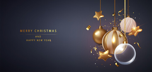 Realistic 3D Christmas golden baubles hanging on ribbons with confetti. Elegant holiday banner on dark blue background. Merry Christmas and Happy New Year greeting.