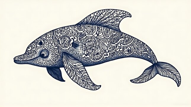 An intricately patterned dolphin illustration with detailed zentangle and paisley designs on a white background.