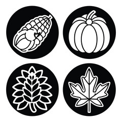 Four circular icons featuring autumn harvest symbols corn pumpkin pinecone and maple leaf