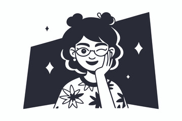 Winking girl with glasses and hair buns poses against geometric background with stars