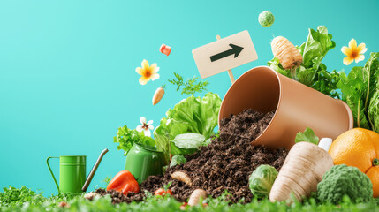 Organic soil with fresh vegetables and gardening tools on blue background, vibrant healthy harvest and natural growth concept