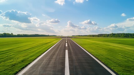 Fototapeta premium A serene view of an empty runway stretching towards the horizon, surrounded by lush green fields under a bright blue sky with fluffy clouds.