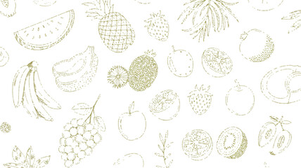A seamless pattern design of various fruits drawn in thin olive green outline strokes against a white background.  