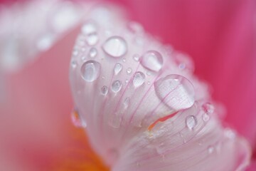 A close up shot of a pink flower petal with clear water droplets on it.