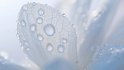 Close up of a white flower petal covered in water droplets, displaying nature's beauty.