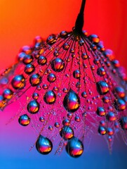 Close up of water droplets on a dandelion seed head reflecting vibrant colors.