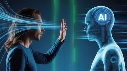 Man interacts with glowing AI human interface technology