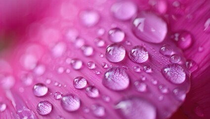 A close up shot of water droplets on a pink flower petal, beautifully detailed.