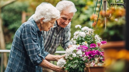 Elderly couple tending a garden brimming with flowers.