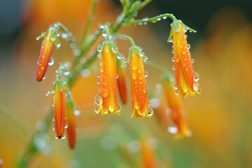 Striking close up of orange flowers with glistening water droplets on their petals.