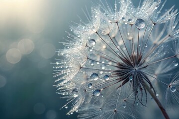 Close up of a dandelion seedhead with water droplets, creating a beautiful, ethereal display.