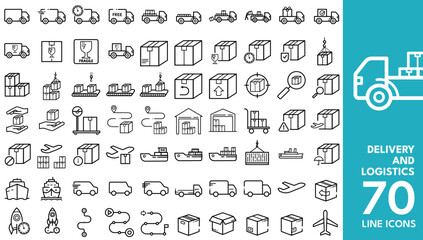 Delivery and Logistics Editable Icons set. Vector illustration in modern line style of transport, shipping, cargo, and more. Isolated on transparent background