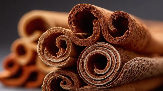 Cinnamon Sticks Close-Up: An enticing close-up of cinnamon sticks, rolled and textured, inviting a sensory experience of warmth and spice, perfect for culinary imagery.
