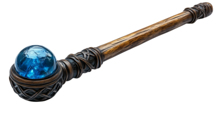 Handmade enchanted wand with beautiful deep-blue crystal embedded into twisted natural wood on transparent background