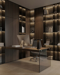 Sophisticated home office interior with custom built-in bookshelves and wooden cabinetry. Modern desk with glass accents and stylish decor in a warm-toned, professional setting.