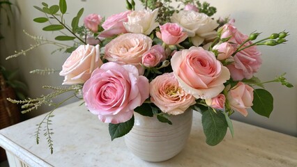 A beautiful bouquet of pink roses arranged in a ceramic vase, a stunning floral display.