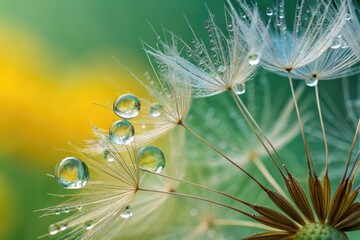 Water droplets on dandelion seeds showcase nature's delicate beauty in close up
