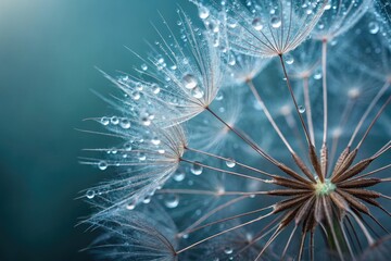 A delicate dandelion seed head glistens with water droplets against a teal backdrop.