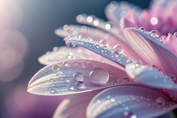 Close up of a pink flower adorned with sparkling water droplets.