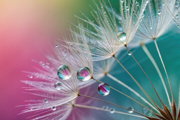 A stunning close up of dandelion seeds glistening with water droplets.