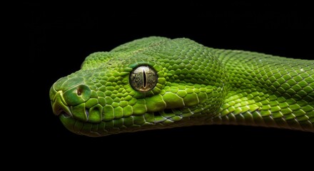 Emerald Green Snake Portrait - Close-up of a vibrant green snake's head, detailed scales and eye visible against a black background