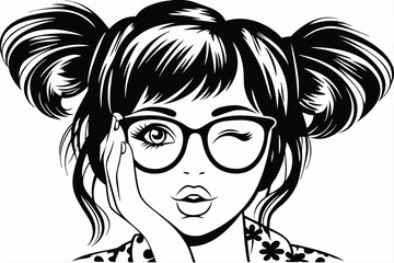 Stylish girl winks while adjusting her glasses, flaunting a playful black and white silhouette