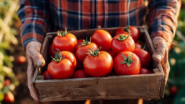 Farmer holding fresh ripe red tomatoes. Organic vegetables, small local farm. Farmer selling fresh crops, tomato harvest