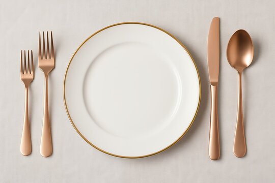 Overhead shot of an empty white plate with golden rim, surrounded by rose gold cutlery set on neutral surface, concept for table setting design, restaurant menu and festive occasion invitation