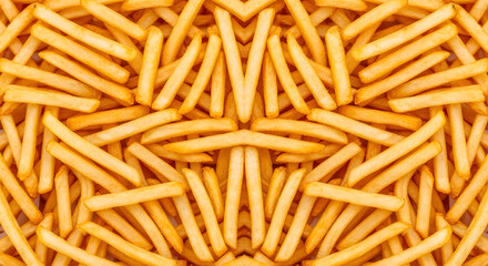 Fototapeta premium An appetizing seamless background of crispy golden French fries creating a symmetrical and abstract culinary pattern.