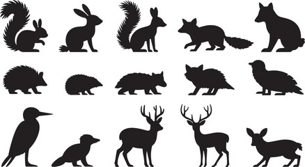 Obraz premium Silhouette Forest Animals Set Vector Illustration Woodland Wildlife Creatures Design Elements