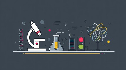 Flat design science graphic with microscope, DNA, beakers, and atom