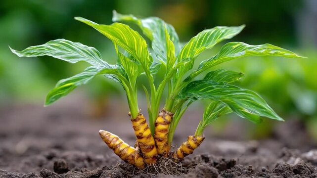 Young Plant Emerging: A close-up perspective showcases a vibrant, emerging young plant, its fresh green leaves and intriguing root structure set against a natural, earthy backdrop.