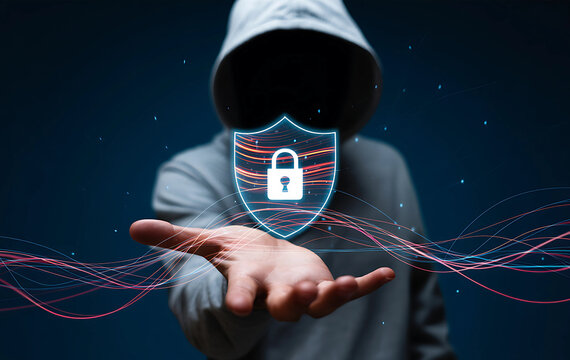 Anonymous hacker holding a glowing digital shield for cybersecurity and data protection. - Powered by Adobe
