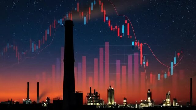 An industrial complex at dusk overlaid with a stock market chart trending downwards