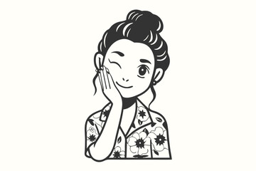 Smiling brunette girl with floral shirt is winking while resting her face