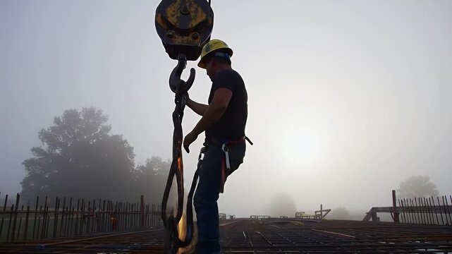 Worker securing crane hook on a foggy construction site, highlighting industrial safety and heavy equipment operation
