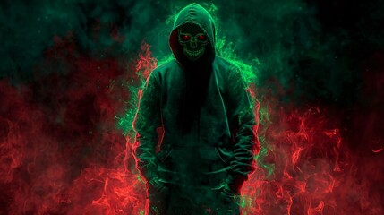 dark hooded skull figure surrounded by green and red fire smoke with glowing eyes, digital fantasy horror background
