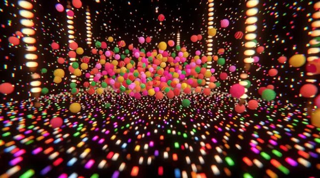 futuristic kids party backdrop colorful striped balls colorful striped balls colorful striped balls floating in digital neon playground neon bouncing spheres