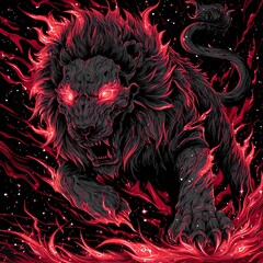ferocious flaming black lion with glowing red eyes and cosmic fire in night sky fantasy digital artwork
