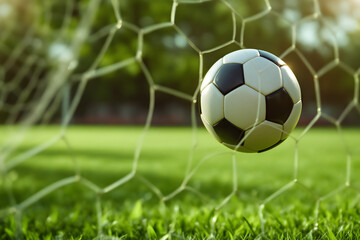 Winning Goal Celebration A Soccer Ball in the Net Closeup Detail